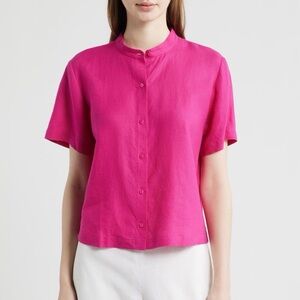 Eileen Fisher Short Sleeve Organic Linen Button-Up Shirt S